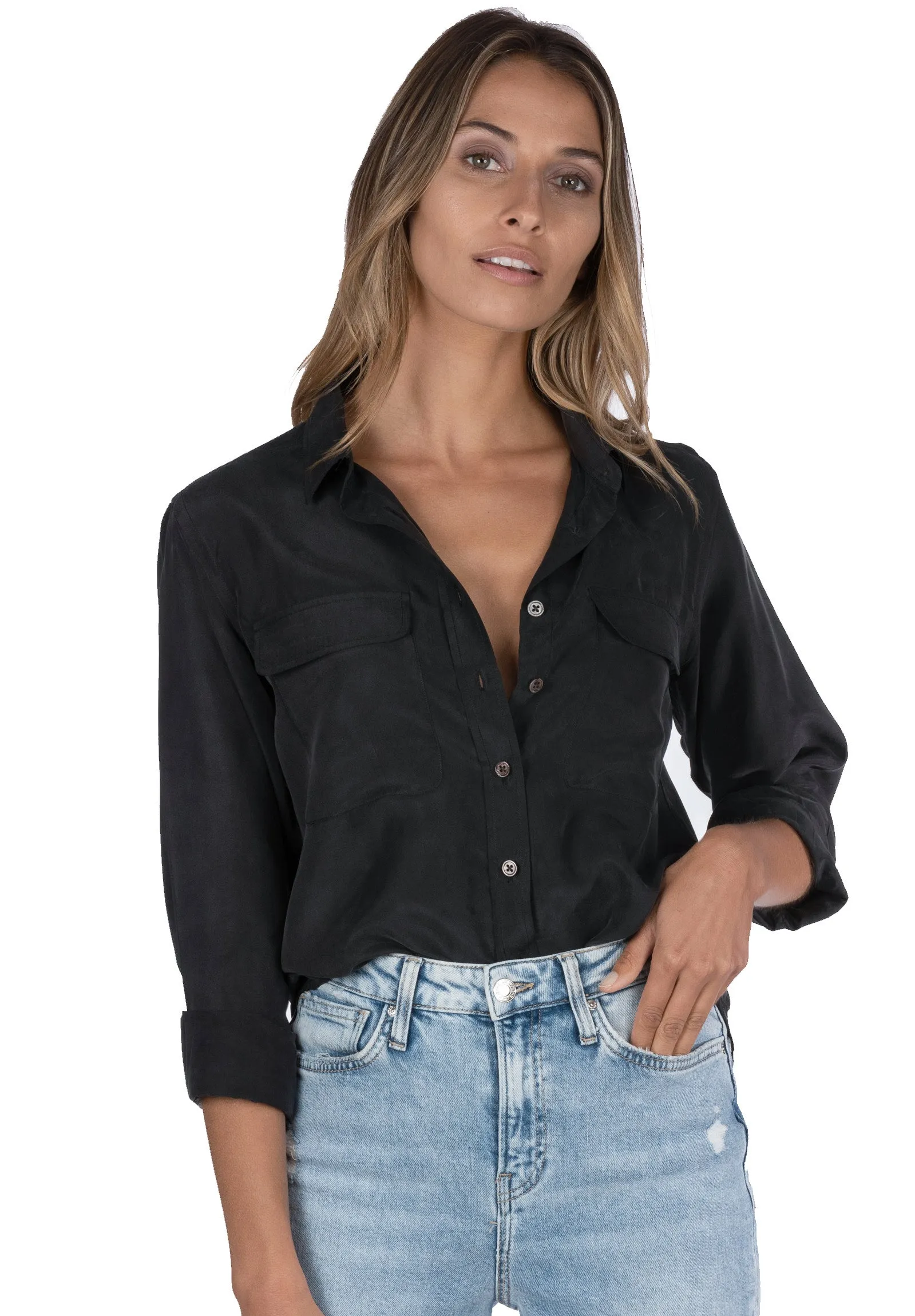 Lete-Silk Black Classic Fit Sand Washed Silk Shirt