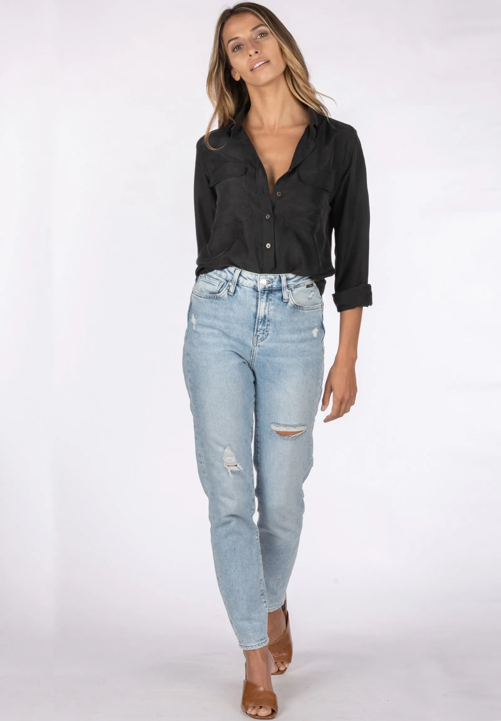 Lete-Silk Black Classic Fit Sand Washed Silk Shirt