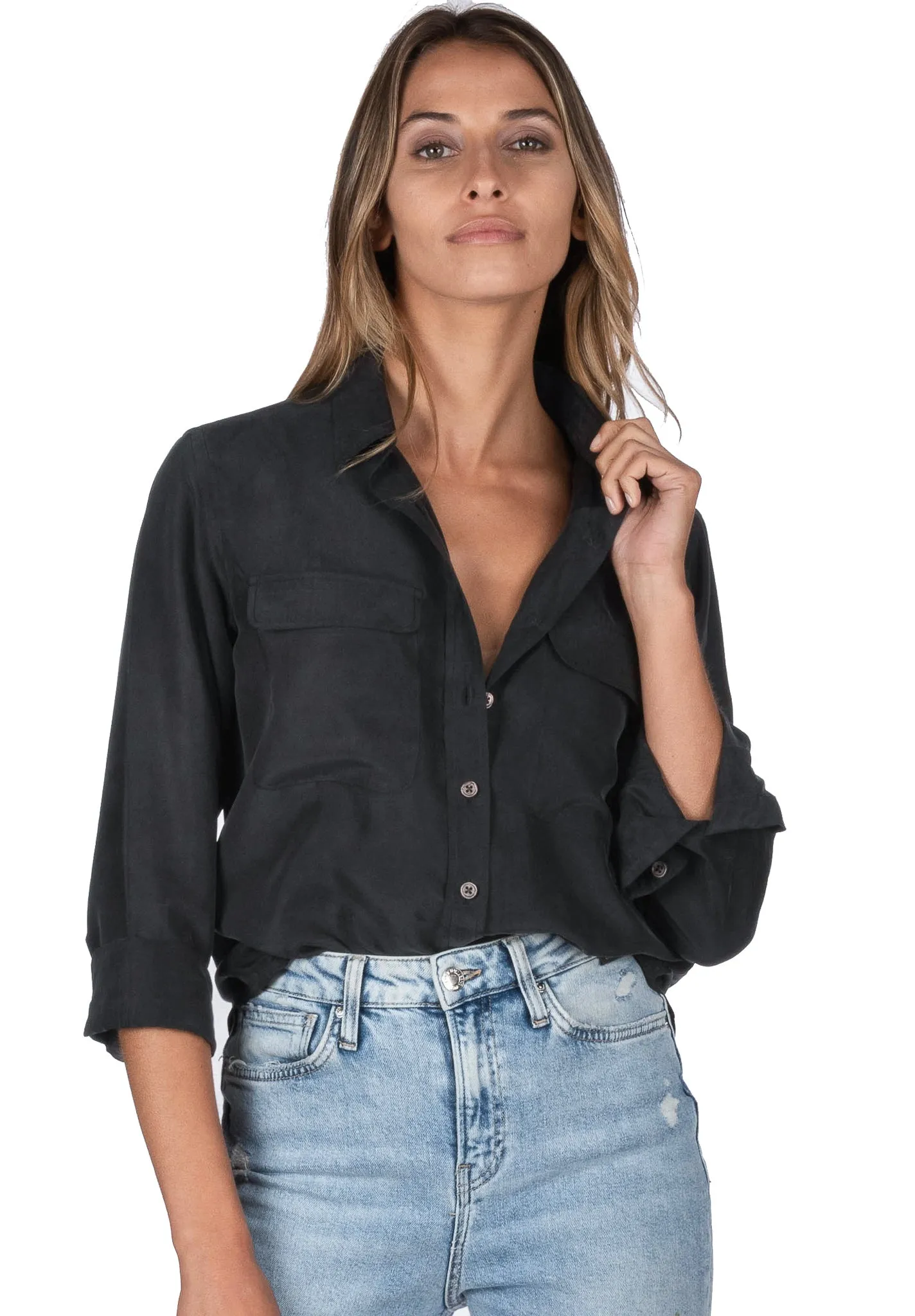 Lete-Silk Black Classic Fit Sand Washed Silk Shirt