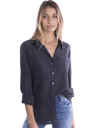 Lete-Silk Black Classic Fit Sand Washed Silk Shirt