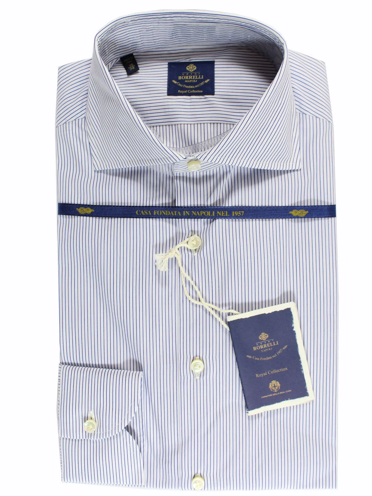 Luigi Borrelli Dress Shirt White Navy Stripes - Royal Collection 38 - 15