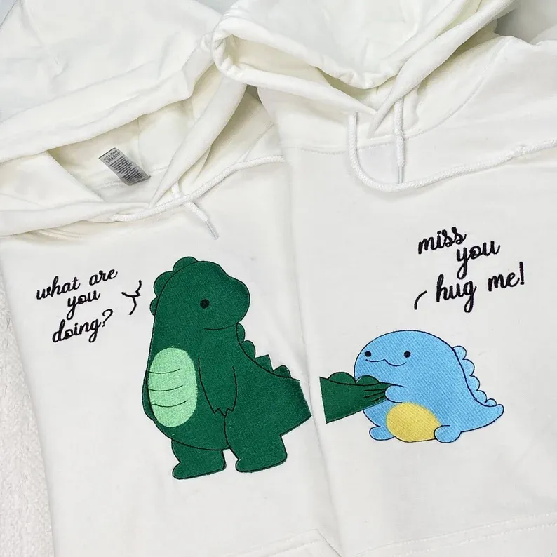 Matching Couple Hoodies - Custom Embroidered Dinosaur Hoodie for Couples