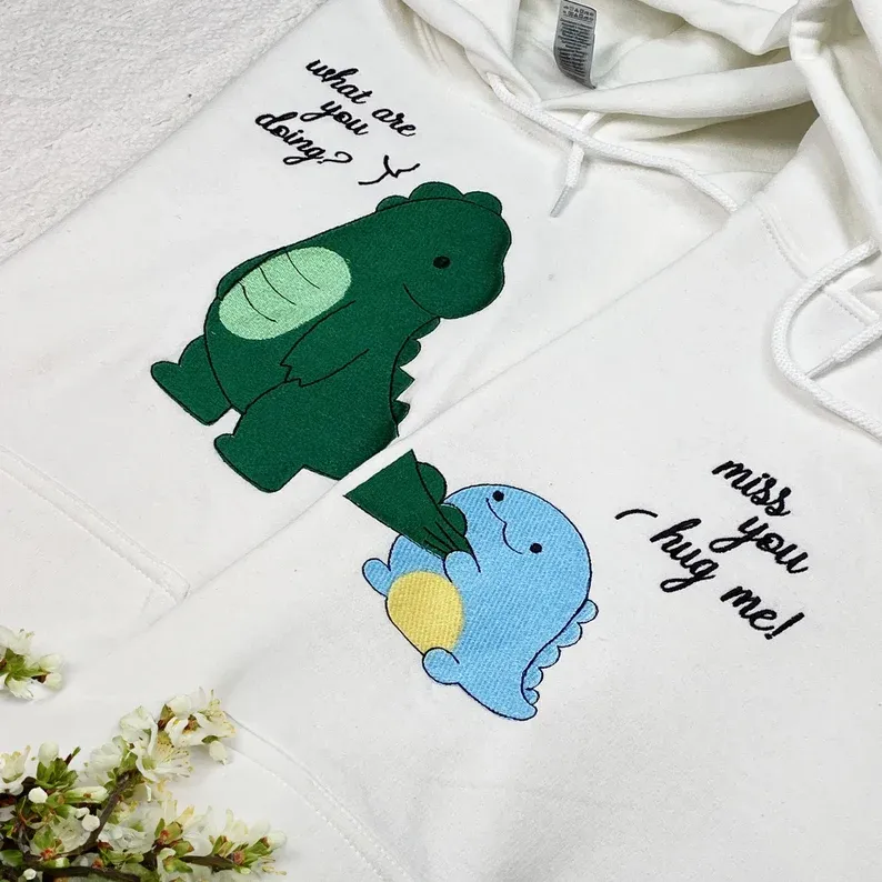 Matching Couple Hoodies - Custom Embroidered Dinosaur Hoodie for Couples