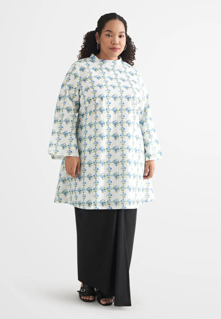 Melati High Neck Embroidery Long Kurung Top - Green