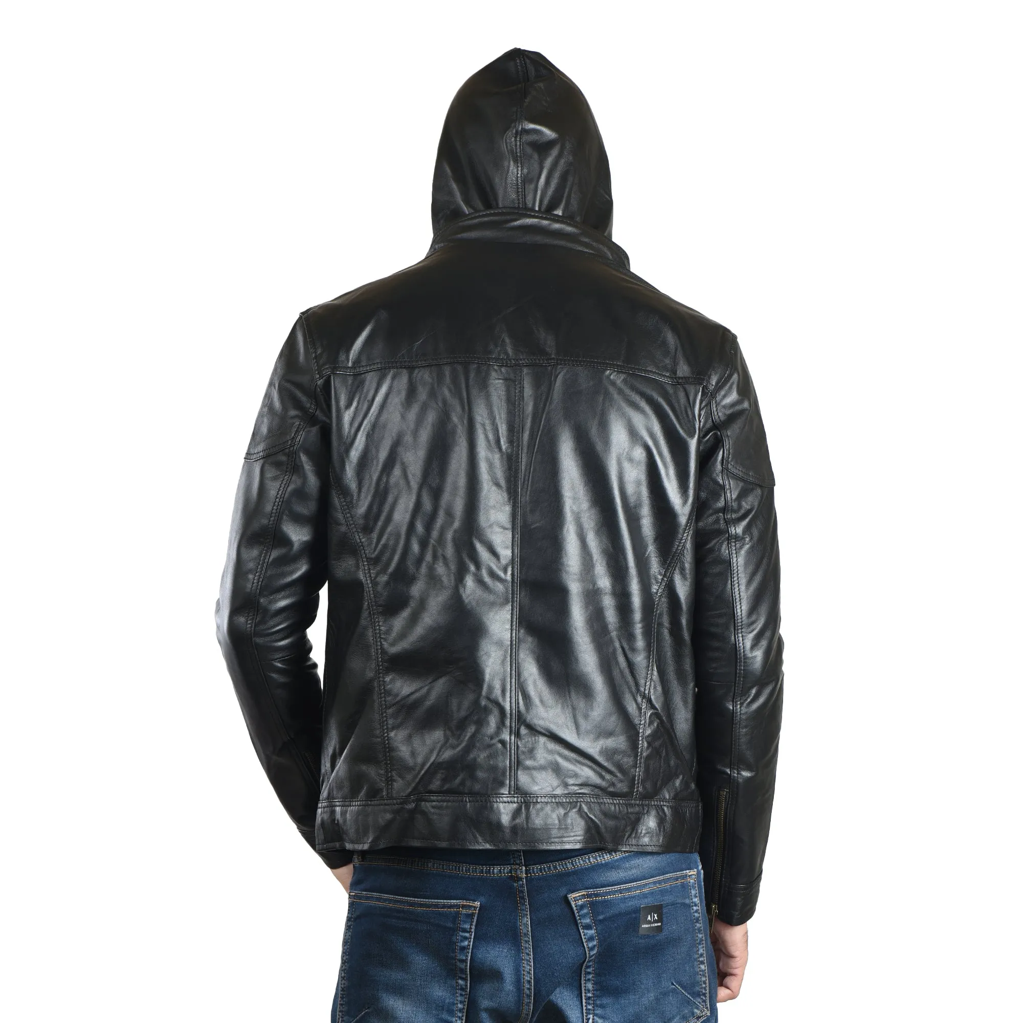 MENS LEATHER HOODED JACKET 41013 (BLACK)