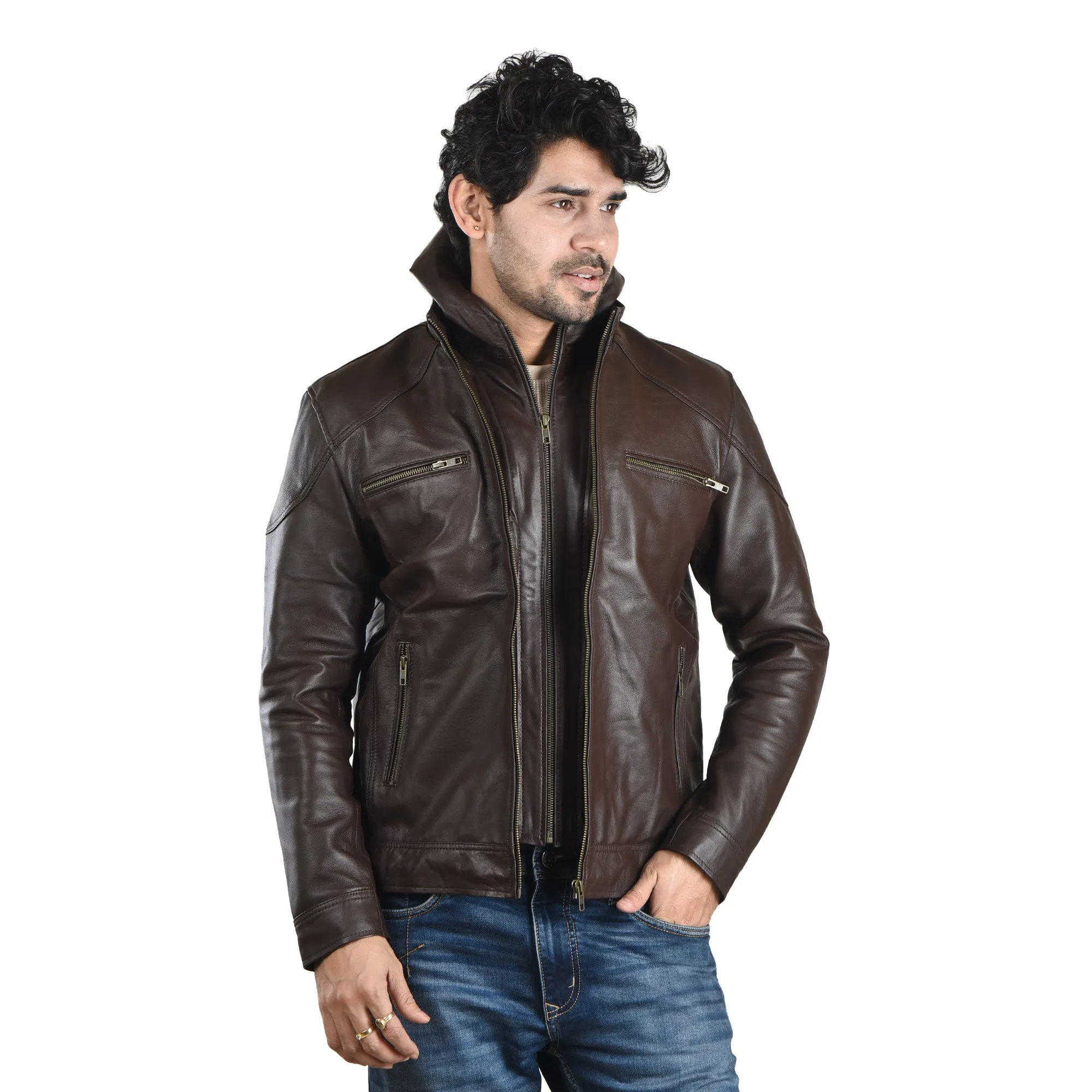 MENS LEATHER HOODED JACKET 41013 (BROWN)