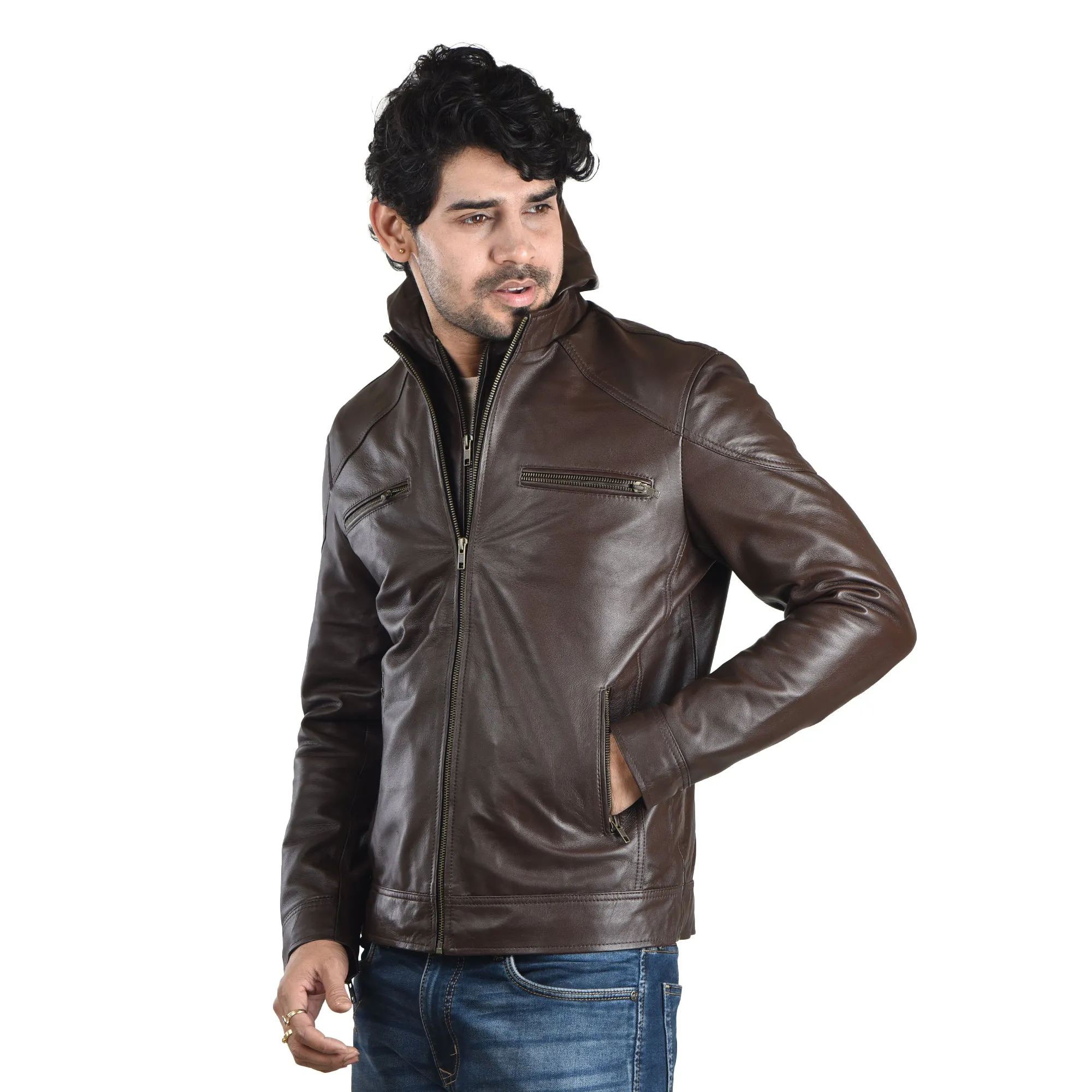 MENS LEATHER HOODED JACKET 41013 (BROWN)