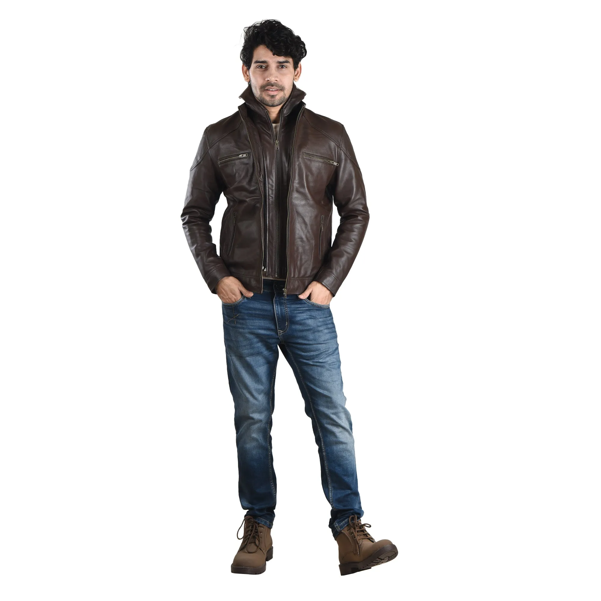 MENS LEATHER HOODED JACKET 41013 (BROWN)