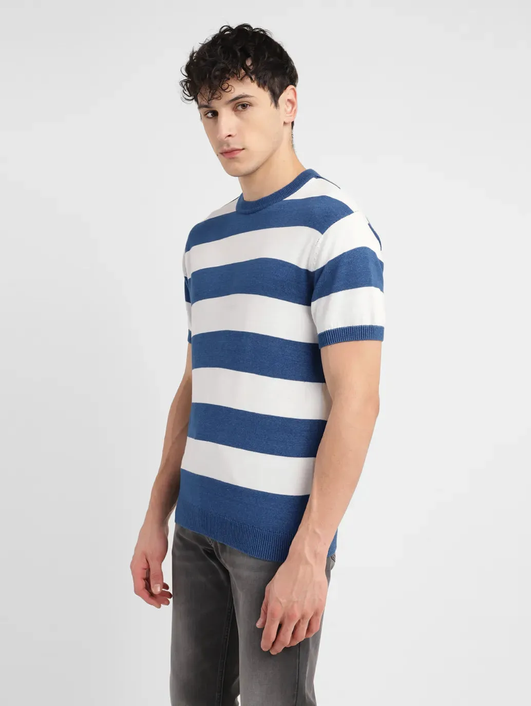 Men's Striped Blue Crew Neck Sweater