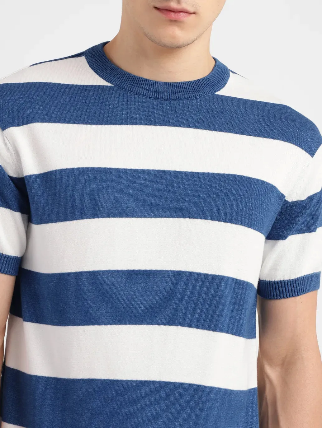 Men's Striped Blue Crew Neck Sweater