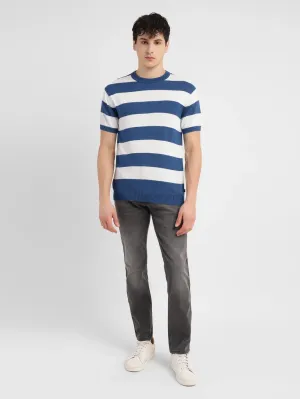 Men's Striped Blue Crew Neck Sweater