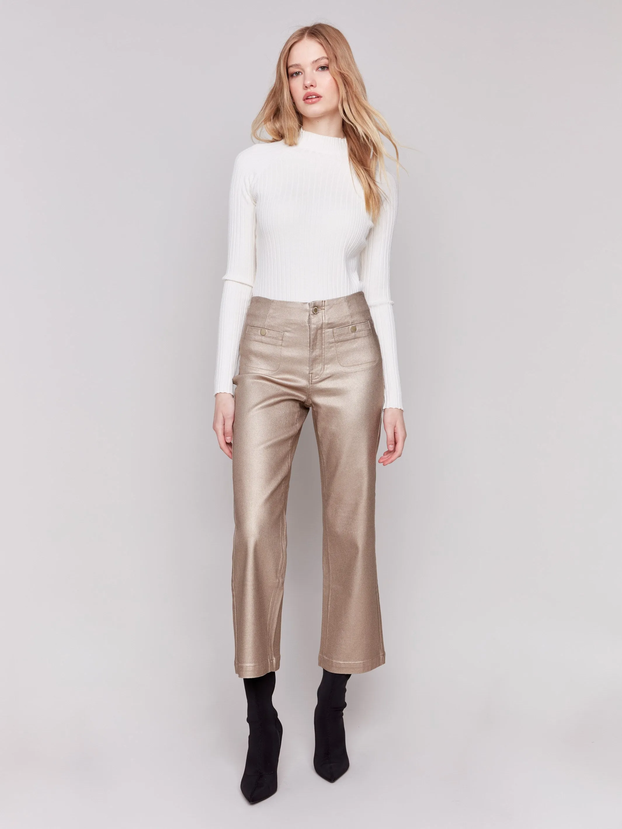 Metallic Wax Flared Pants - Bronze