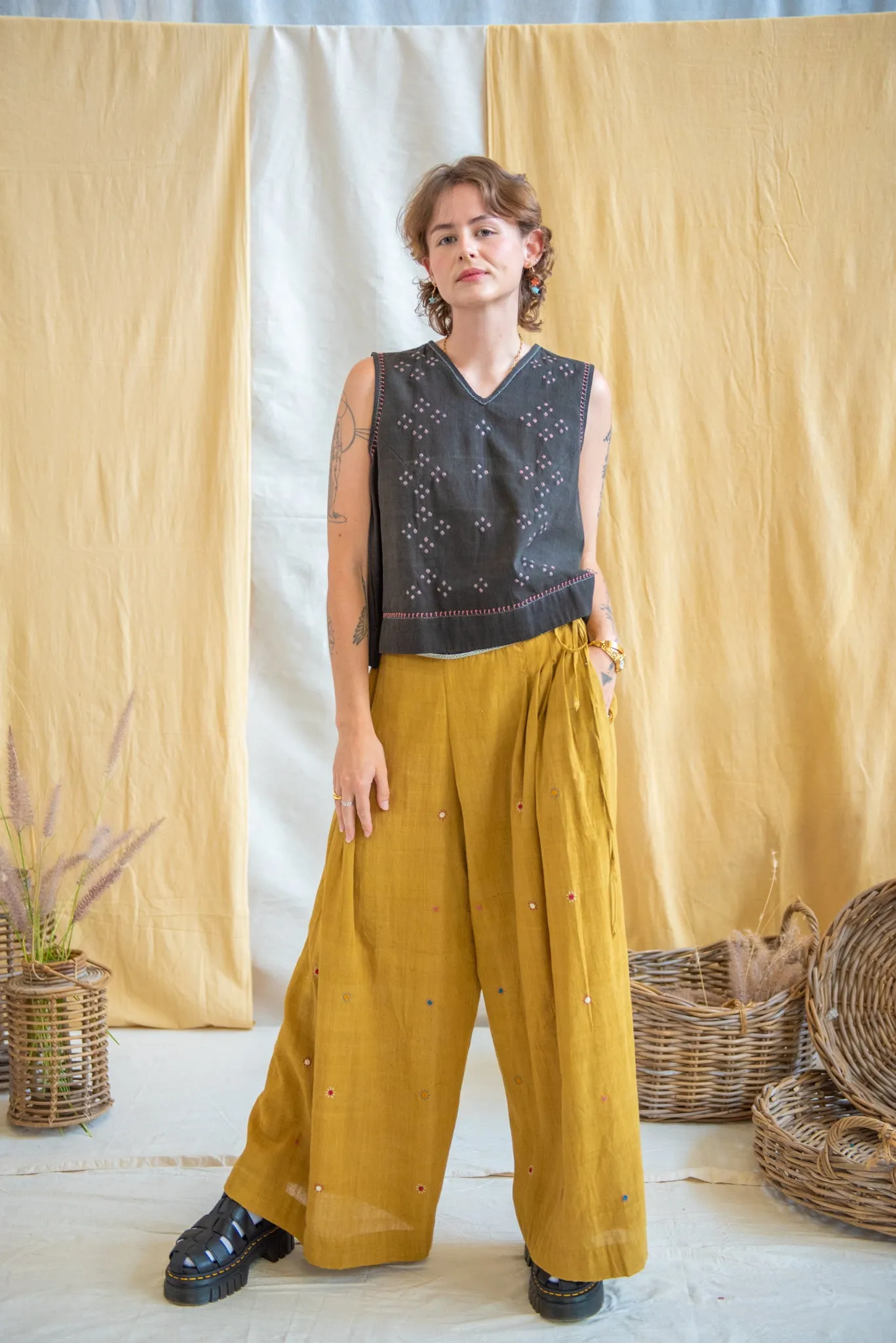 Mirror Embroidered Turmeric Wide Leg Pants