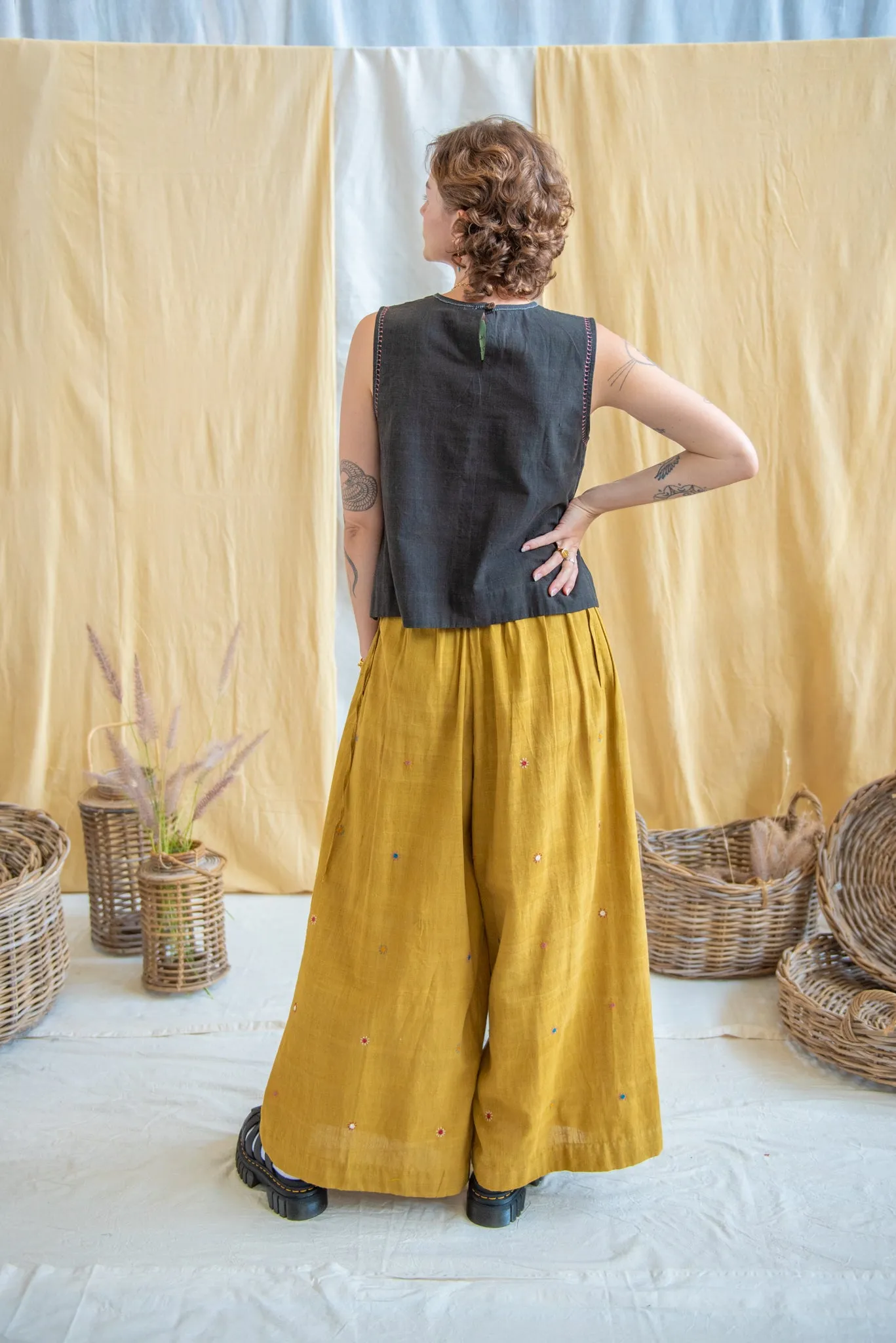 Mirror Embroidered Turmeric Wide Leg Pants