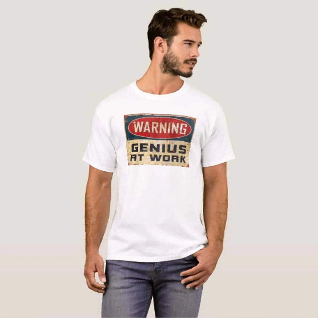 Nutcase Designer Round Neck Men's T-Shirt Wrinkle-Free Poly Cotton Tees - Warning Genius at Work