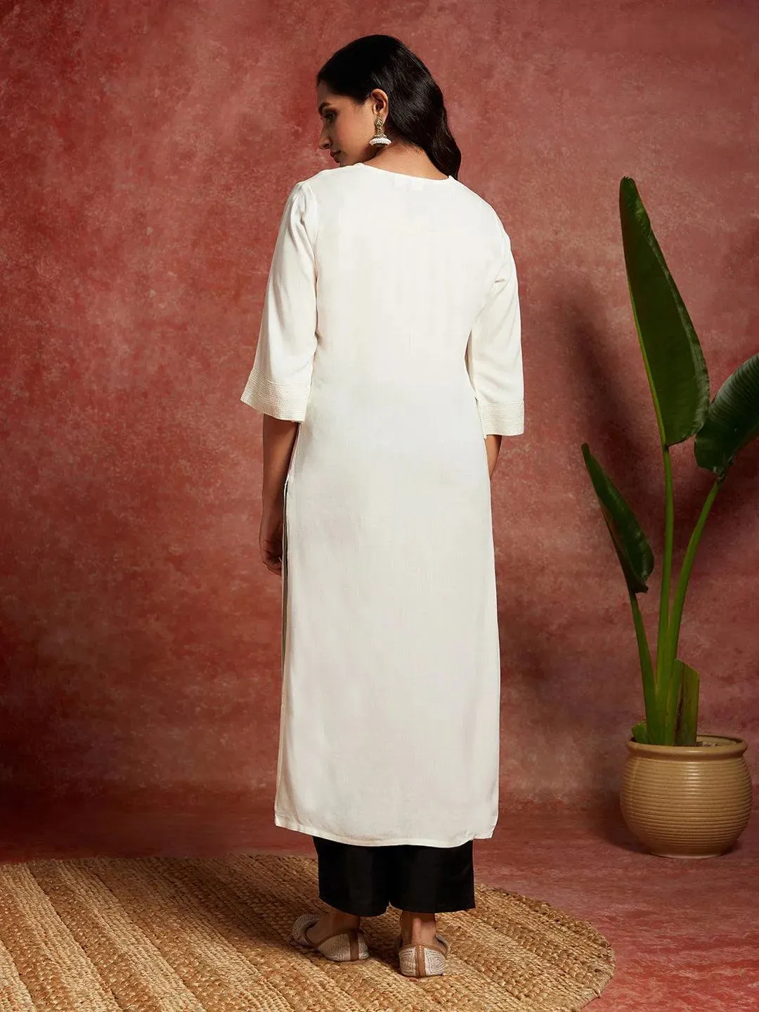 Off White Solid Rayon Straight Kurta