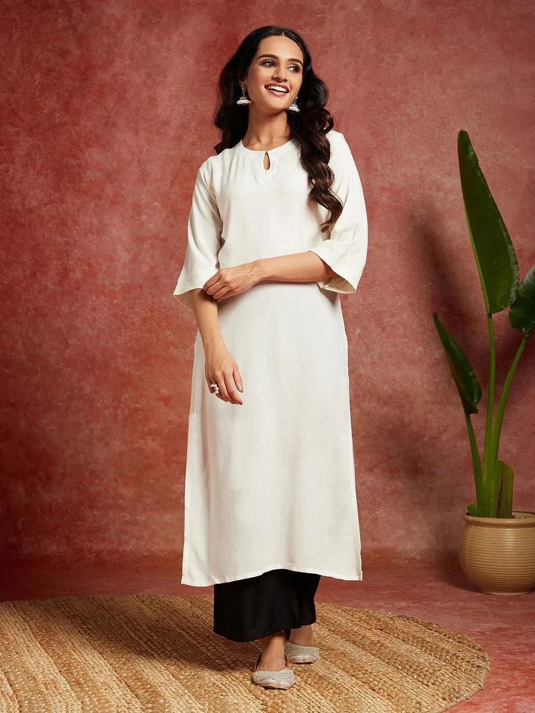 Off White Solid Rayon Straight Kurta