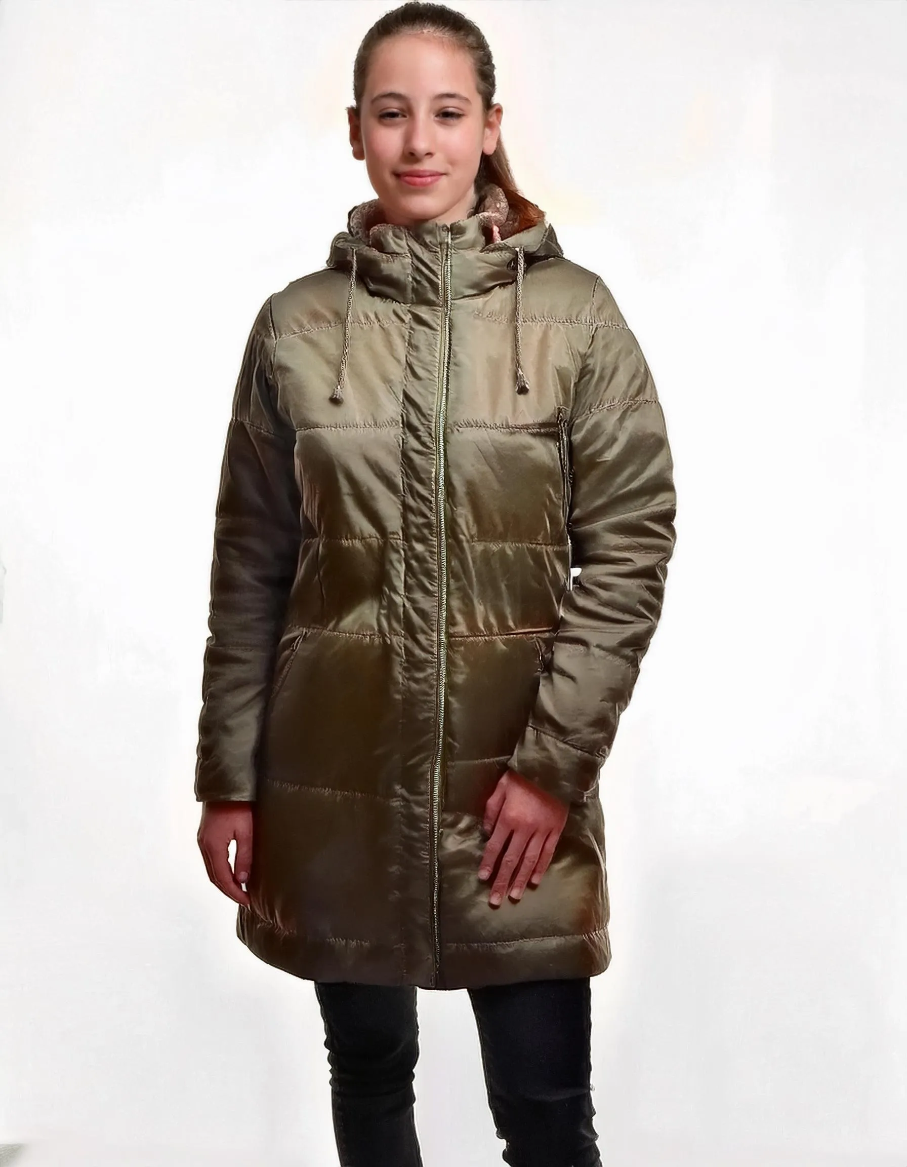 Olive Long Padded Parka with Drawstring Waist