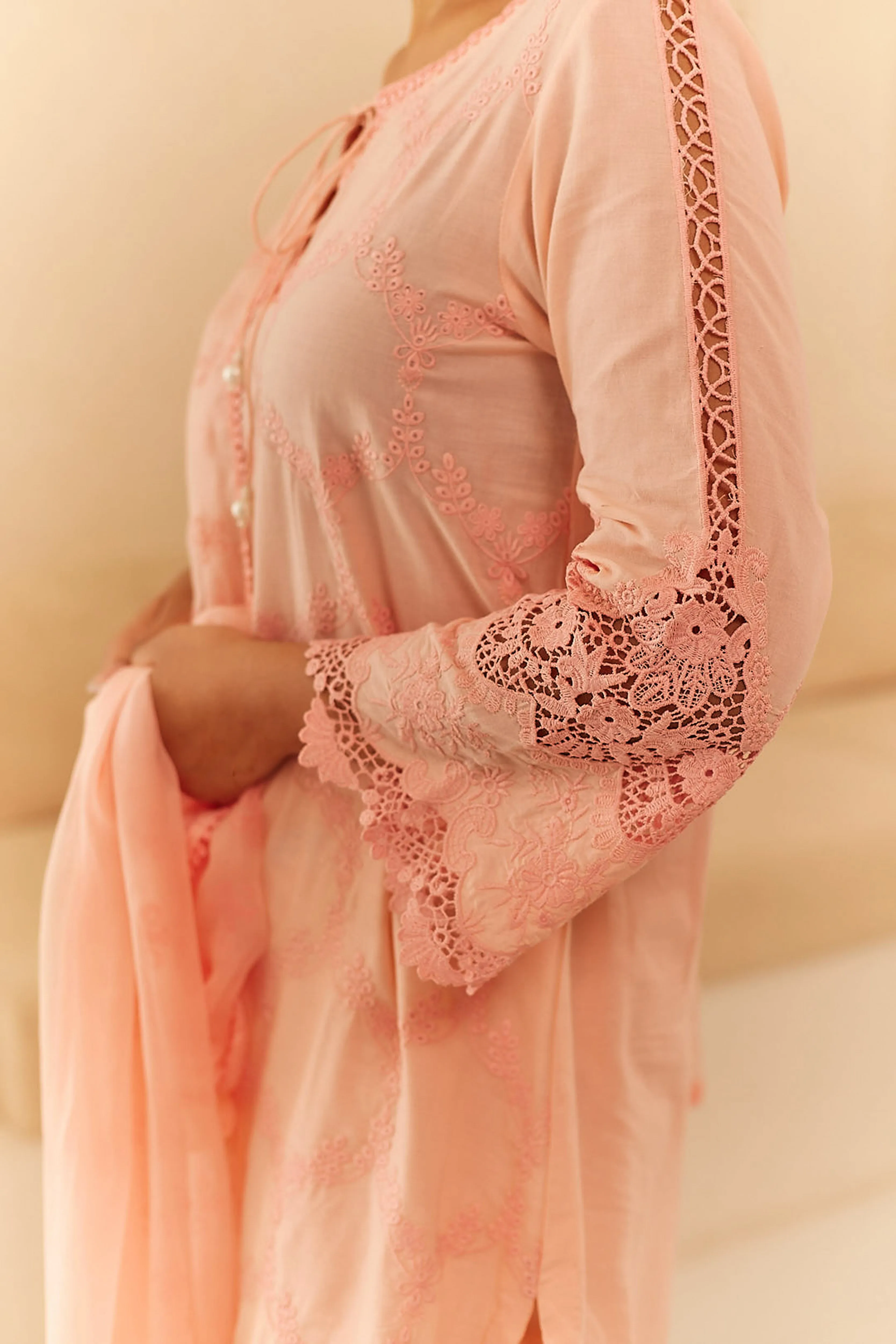 Peach Embroidered Suit Set