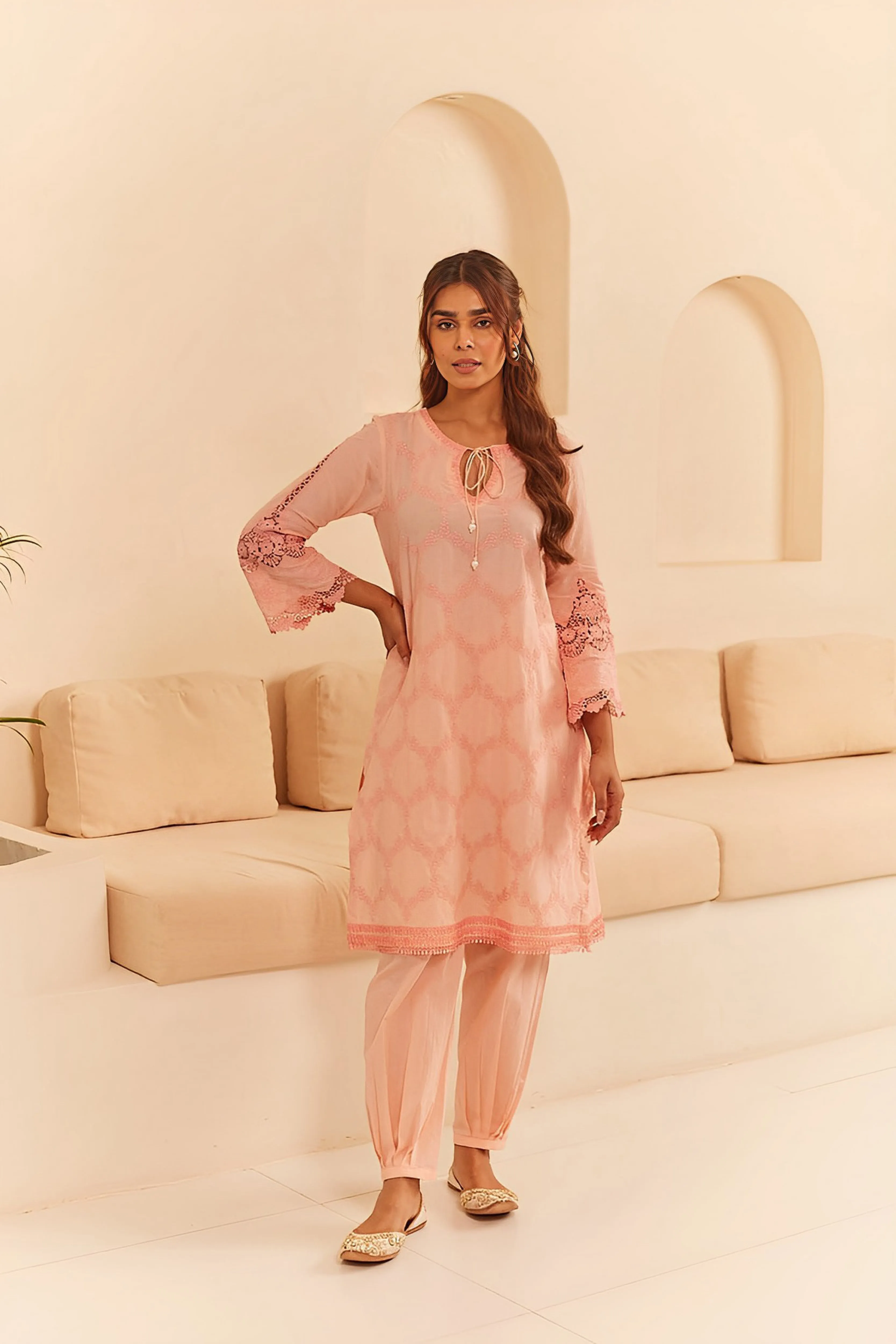 Peach Embroidered Suit Set