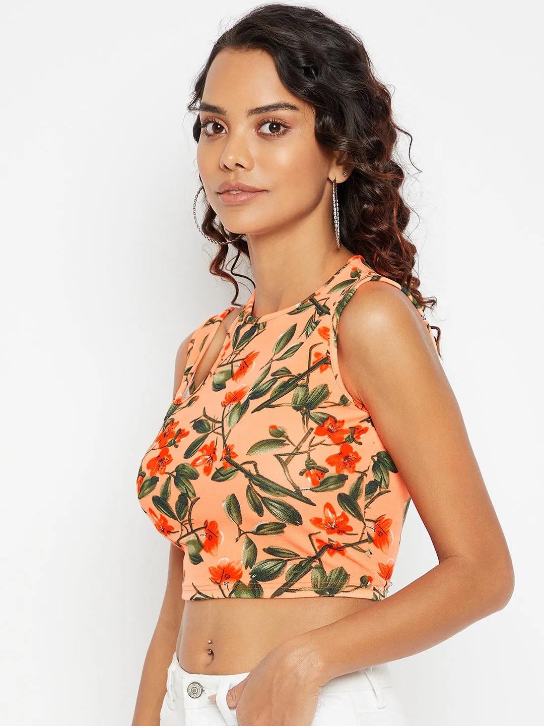 Printed Cotton Stretchable Shoulder Cutout Crop Top