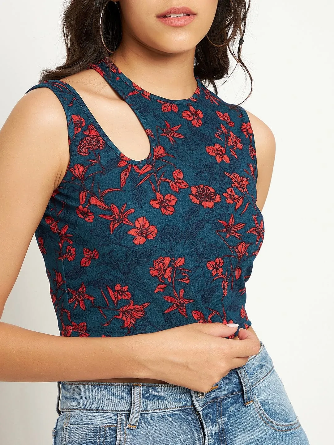 Printed Cotton Stretchable Shoulder Cutout Crop Top