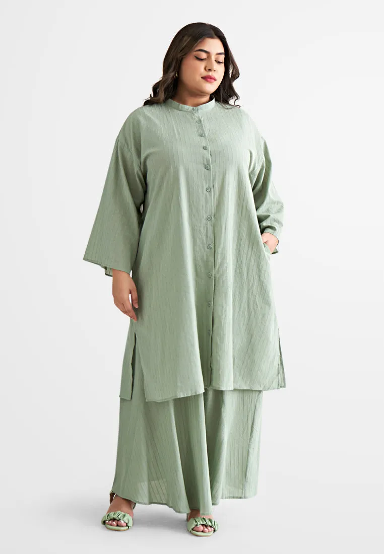 Rashida Long Cotton Button Kurung Top - Green