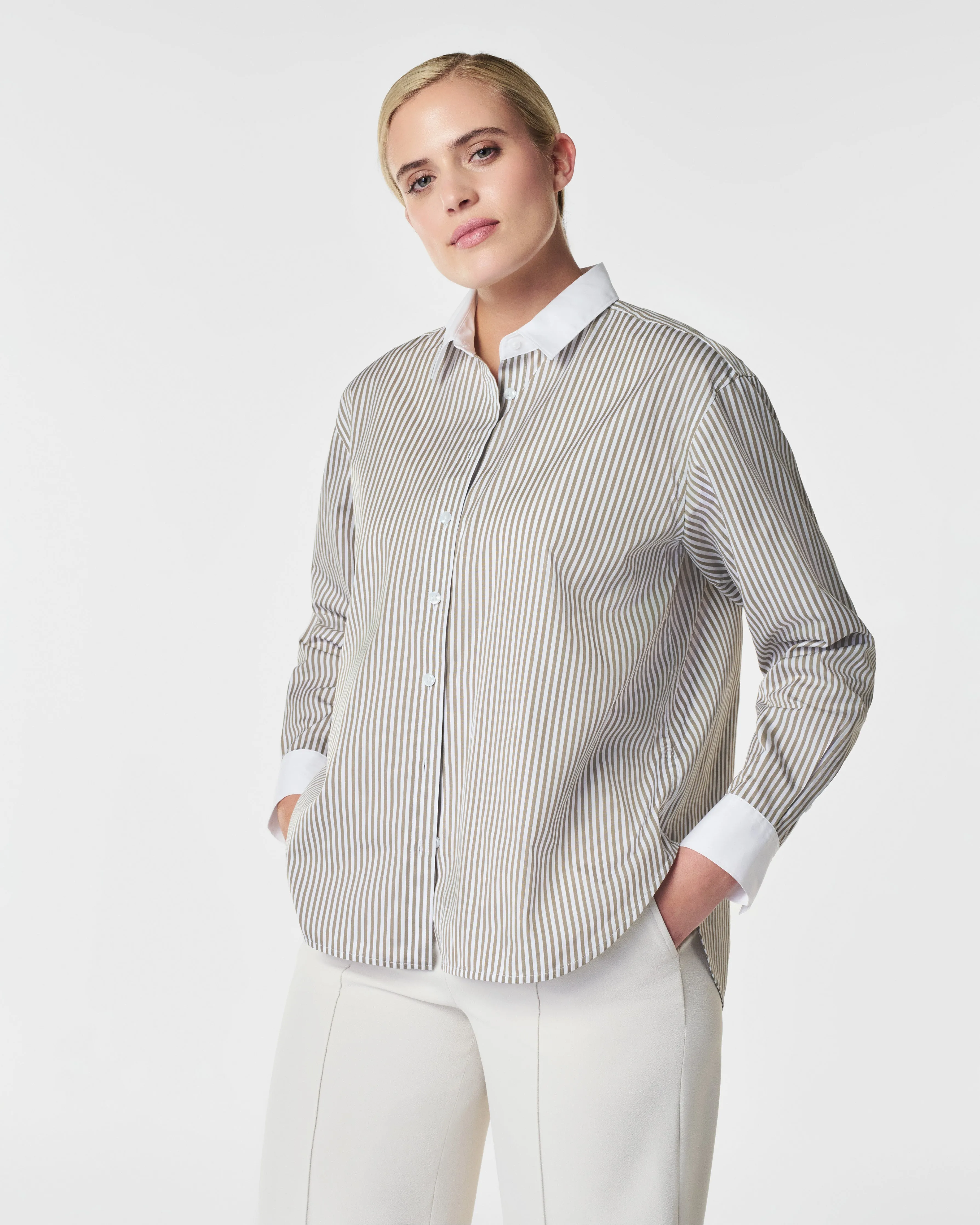 SPANX® Poplin Oversized Button Down, Matcha Stripe