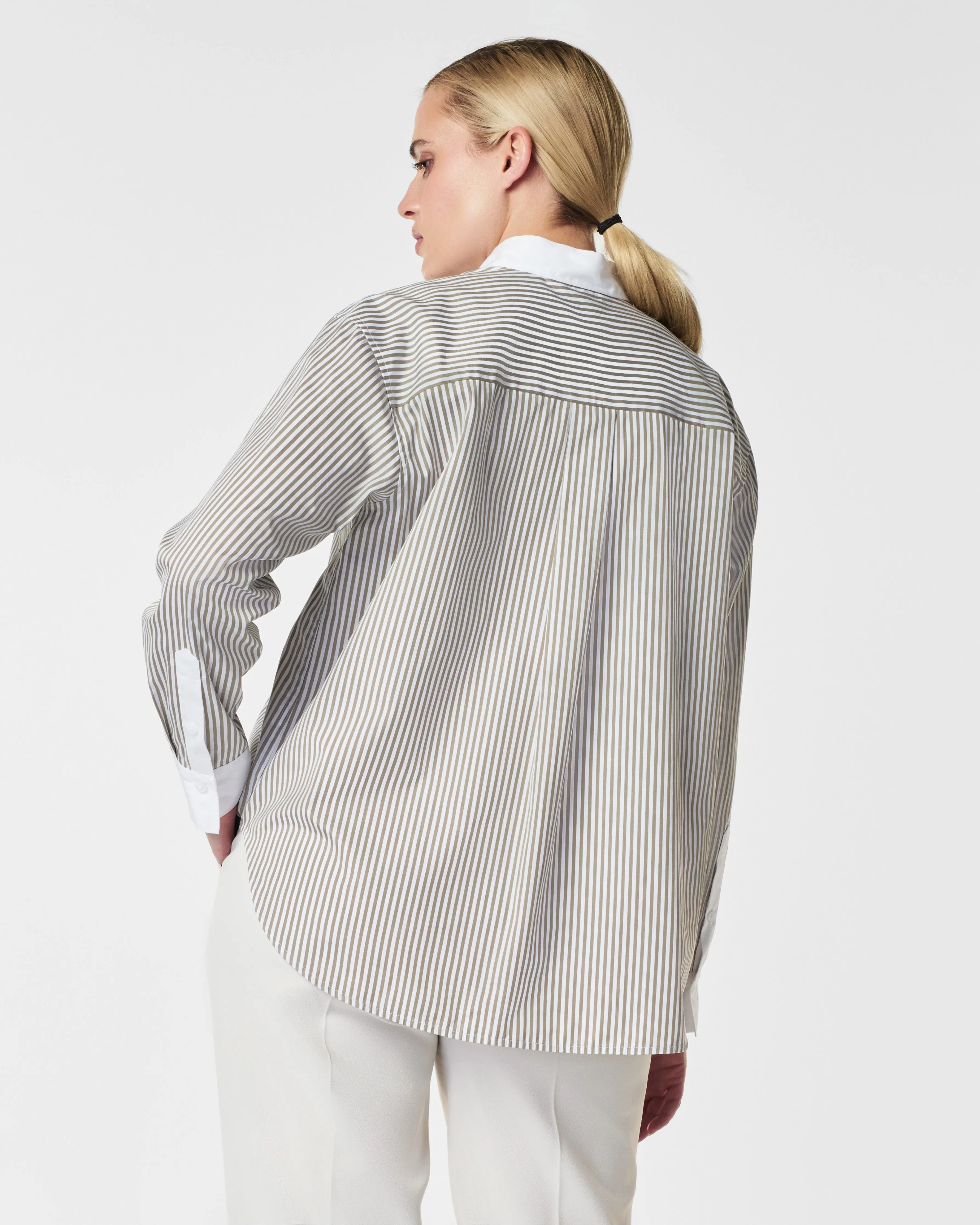 SPANX® Poplin Oversized Button Down, Matcha Stripe