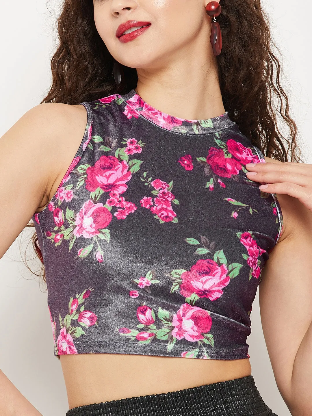 Stretchable Velvet High Neck Crop Top