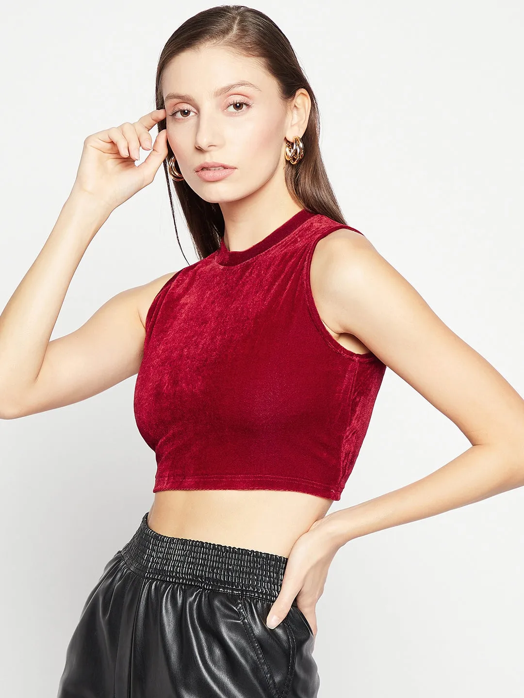 Stretchable Velvet High Neck Crop Top