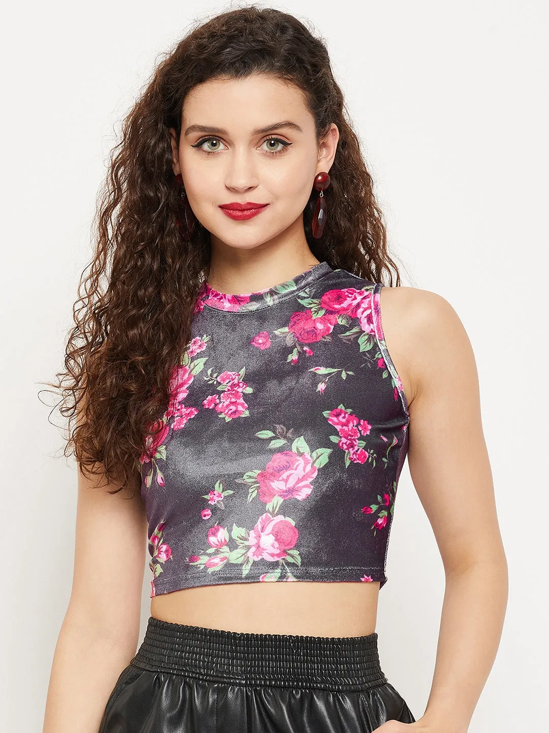 Stretchable Velvet High Neck Crop Top