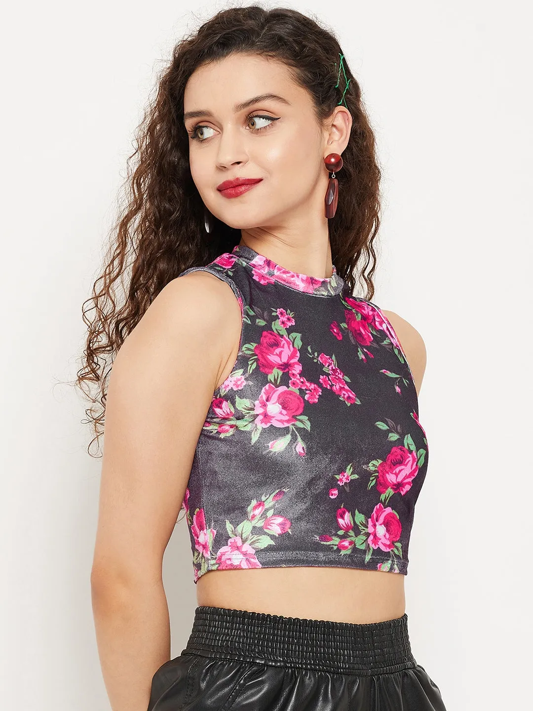 Stretchable Velvet High Neck Crop Top