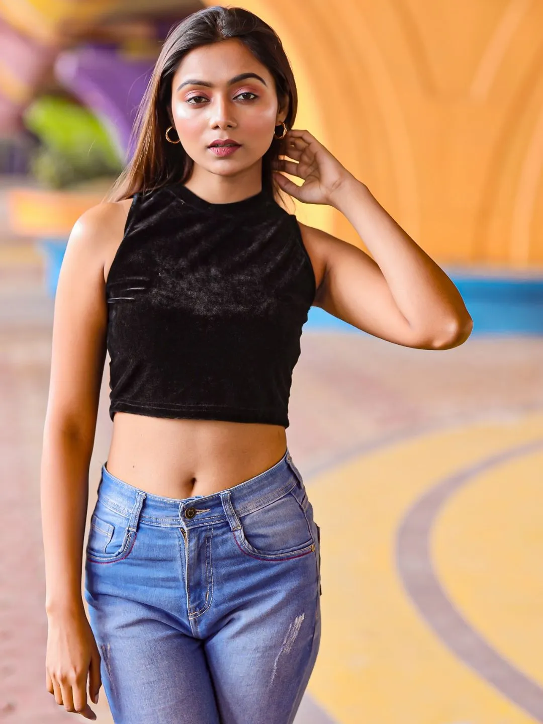 Stretchable Velvet High Neck Crop Top