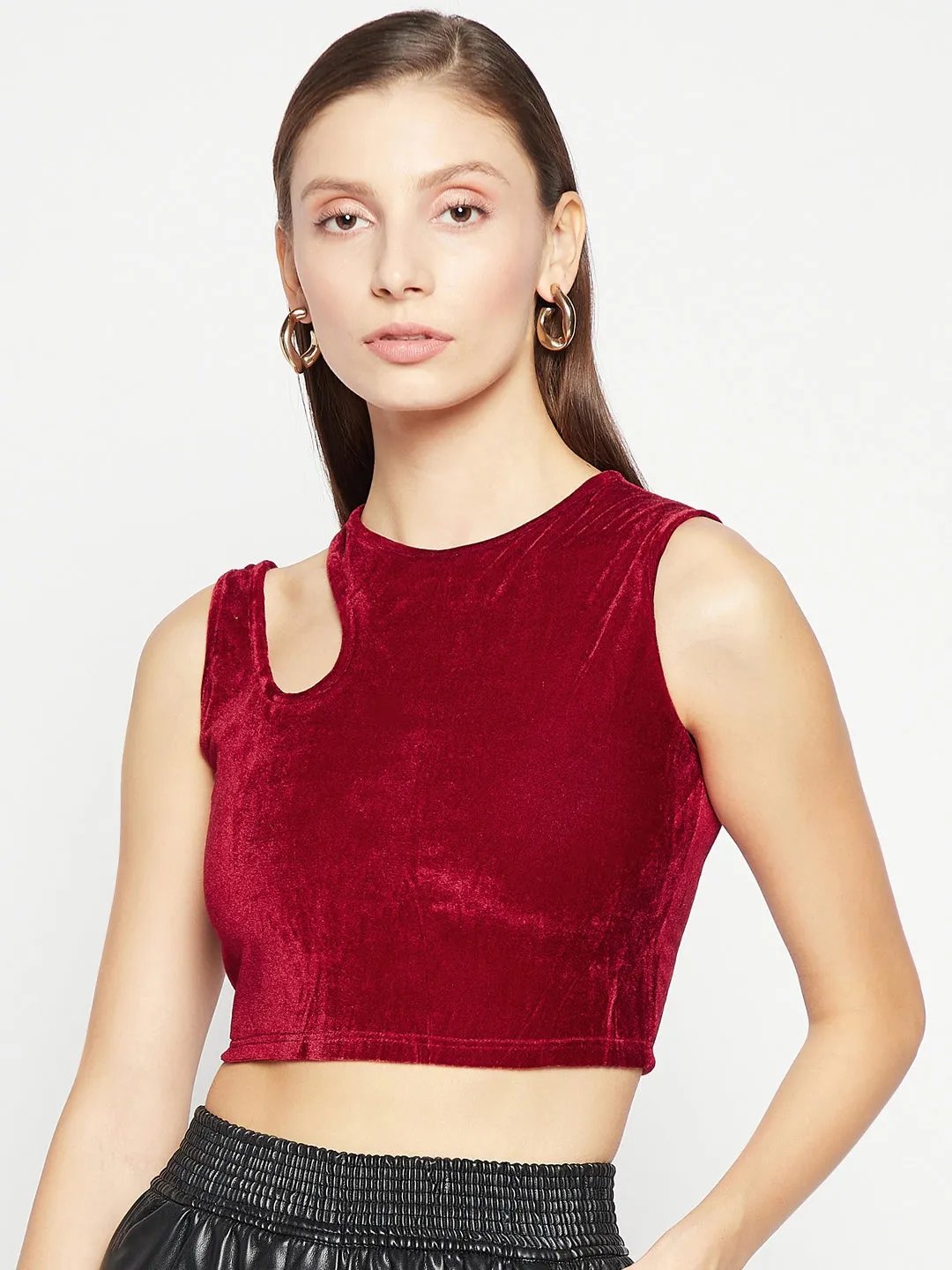 Stretchable Velvet Shoulder Cutout Crop Top