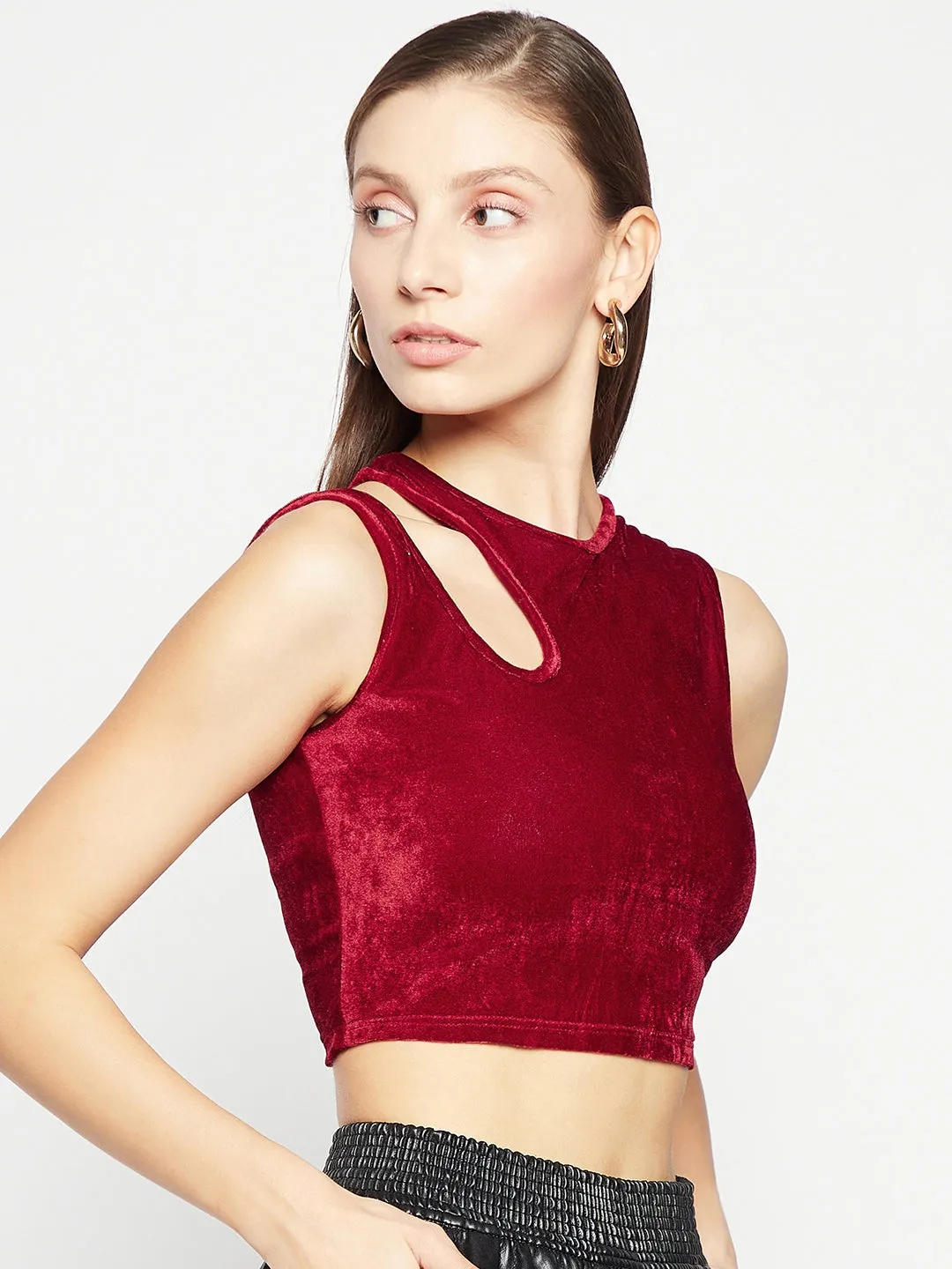 Stretchable Velvet Shoulder Cutout Crop Top