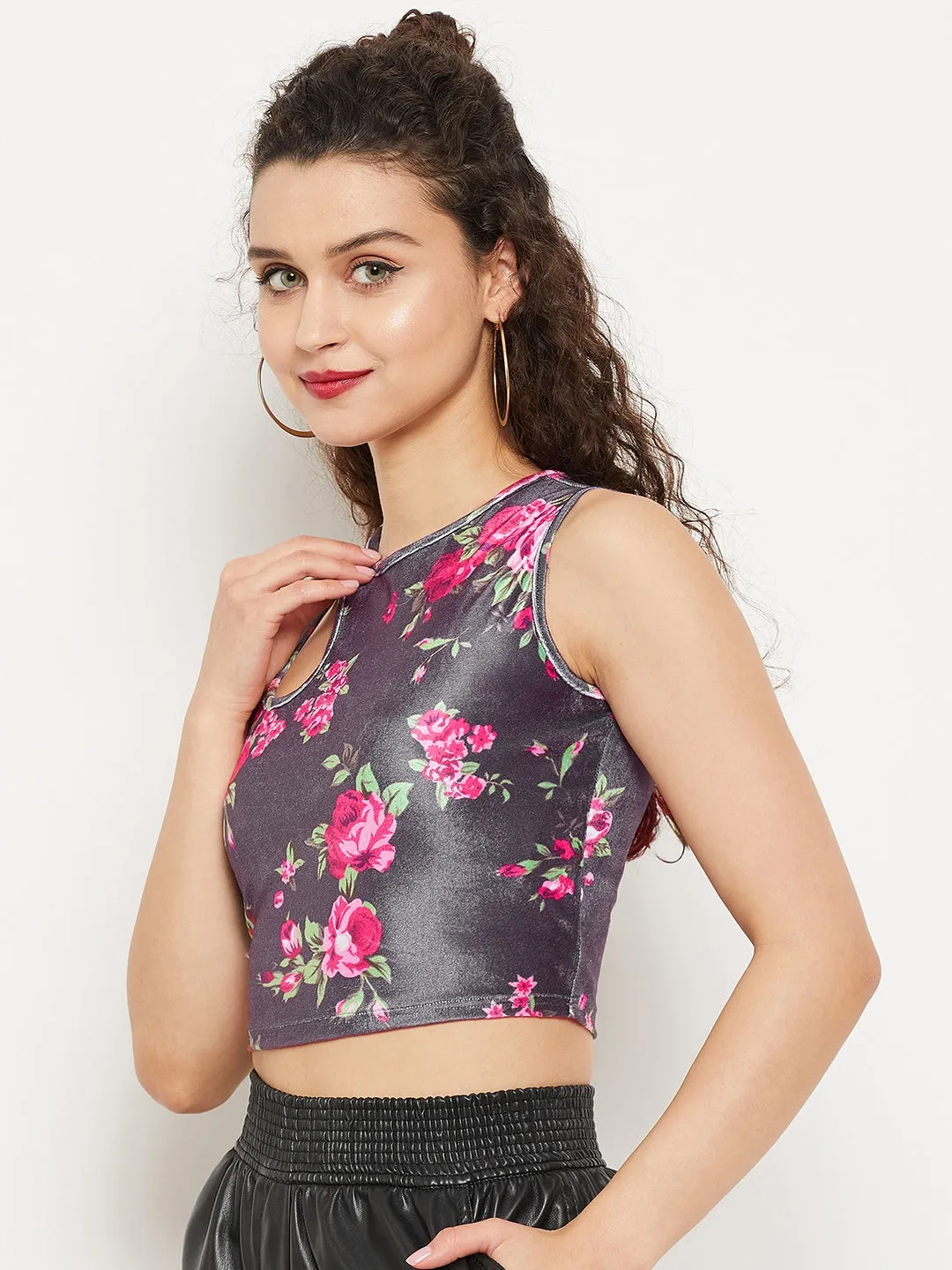 Stretchable Velvet Shoulder Cutout Crop Top