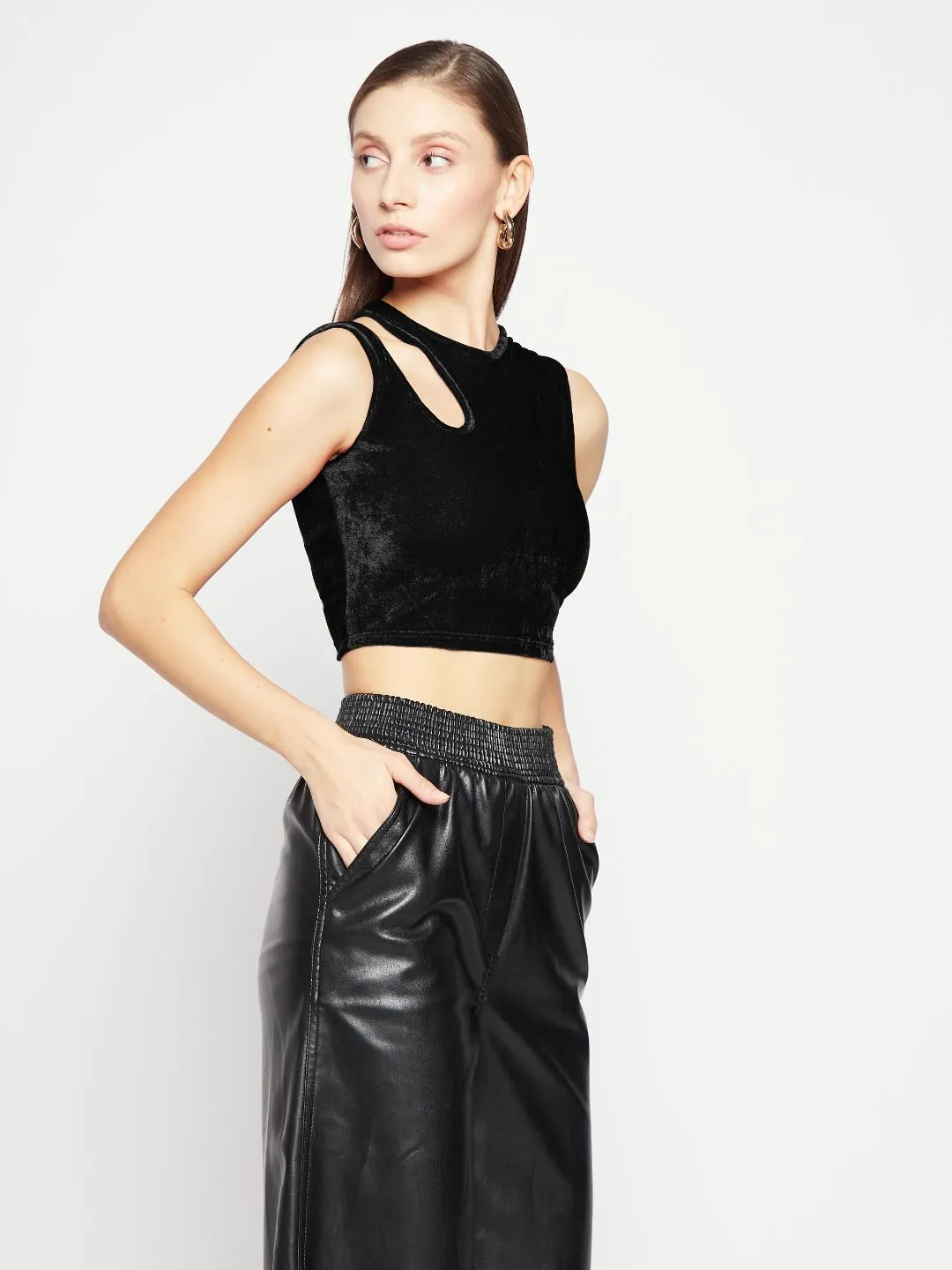 Stretchable Velvet Shoulder Cutout Crop Top