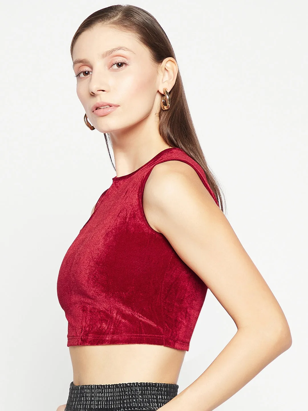 Stretchable Velvet Shoulder Cutout Crop Top