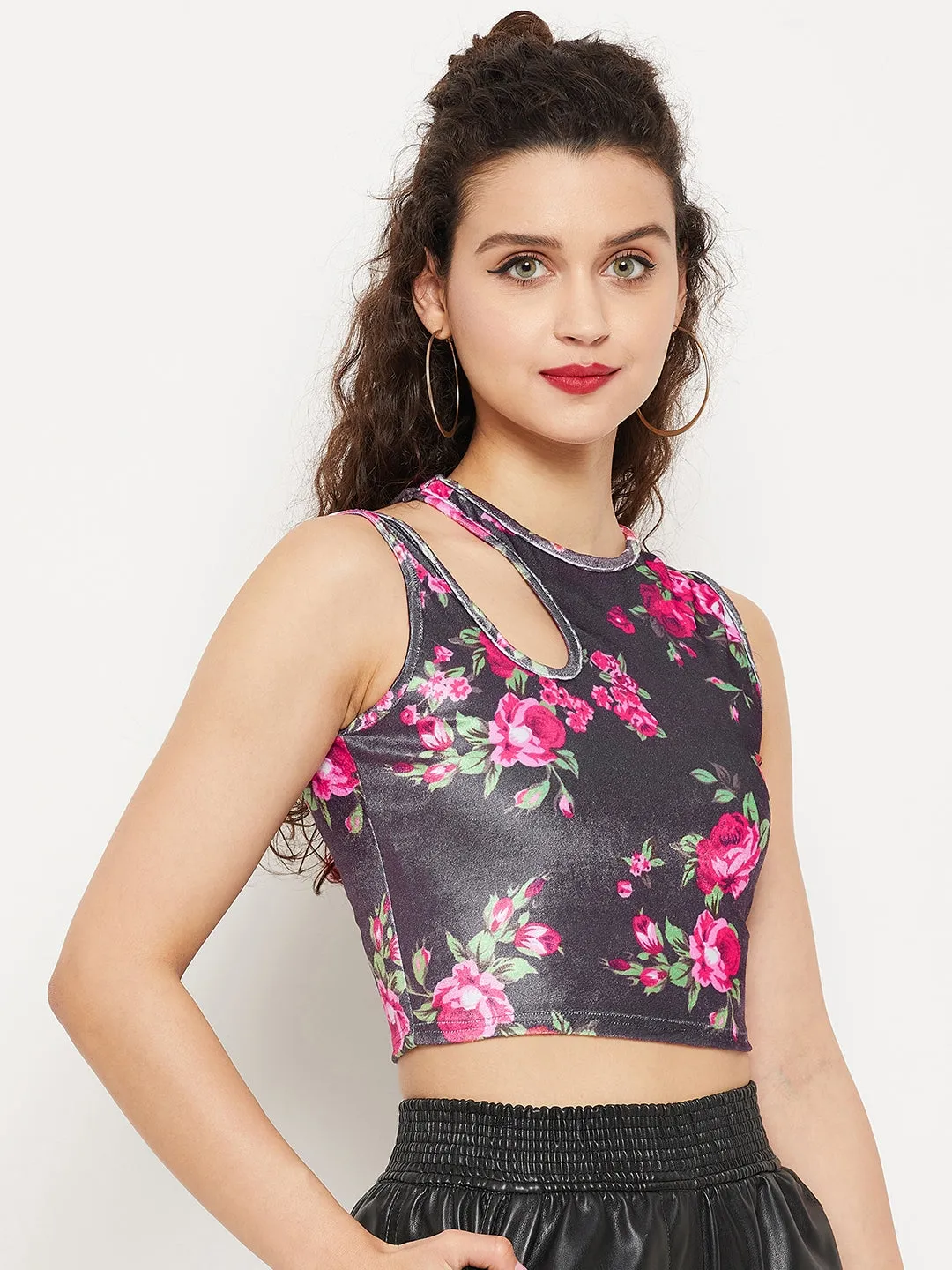 Stretchable Velvet Shoulder Cutout Crop Top