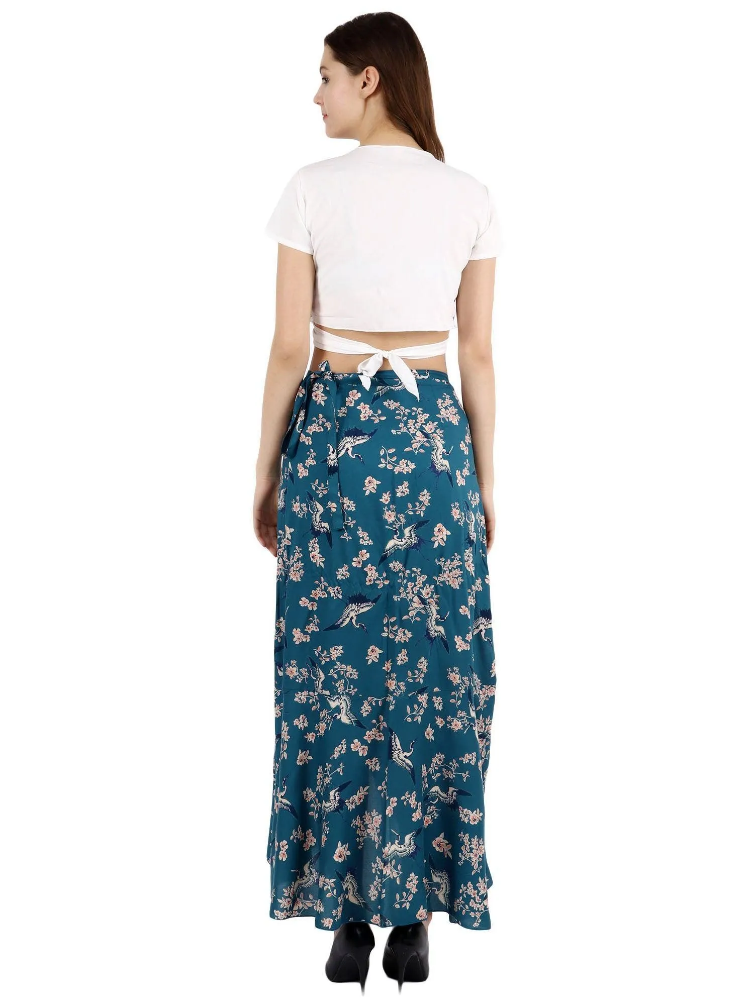 Teal Blue Floral Printed Wrap Around Skirt