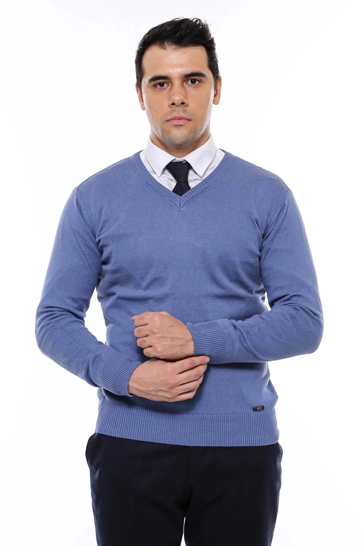 V Neck Knitwear Navy Blue Men Sweater