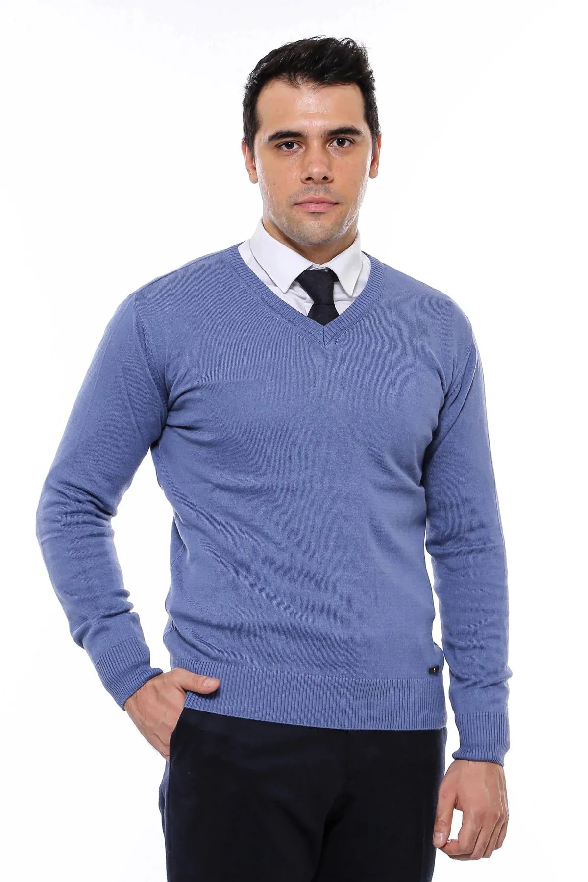 V Neck Knitwear Navy Blue Men Sweater