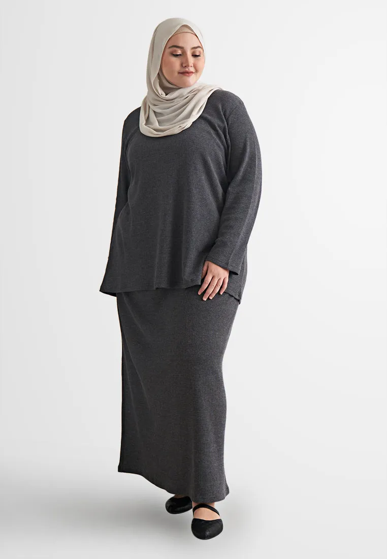 Wafah Long Sleeves Waffle Top - Dark Grey