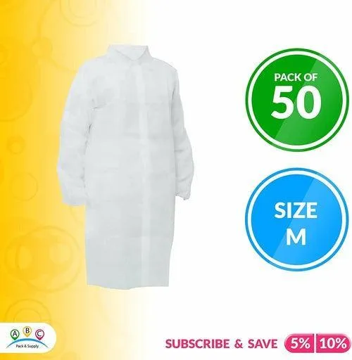 White Disposable Lab Coats Medium Size Pack of 50, Surgical Lab Coats