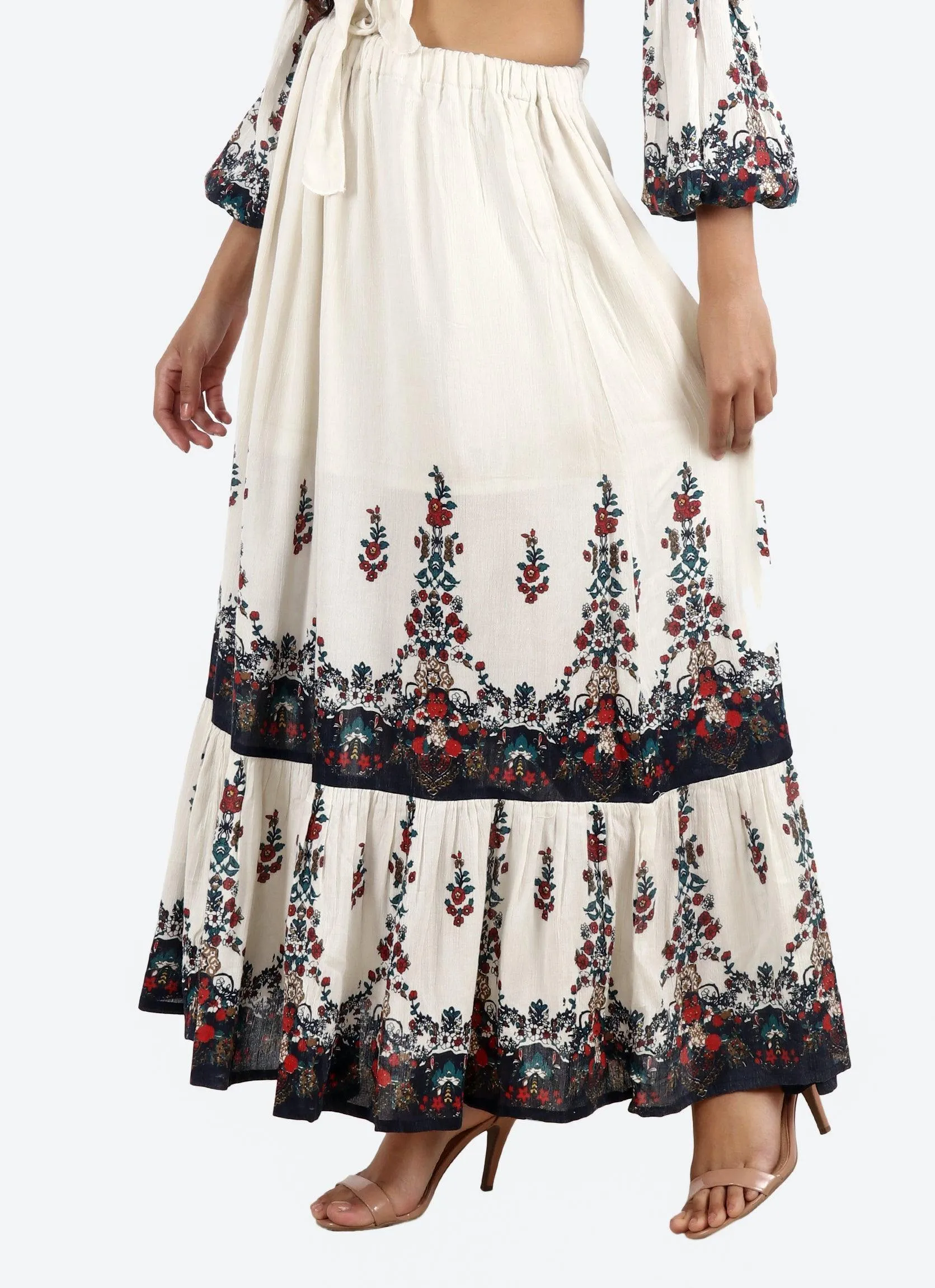 White Floral Border Printed Skirt