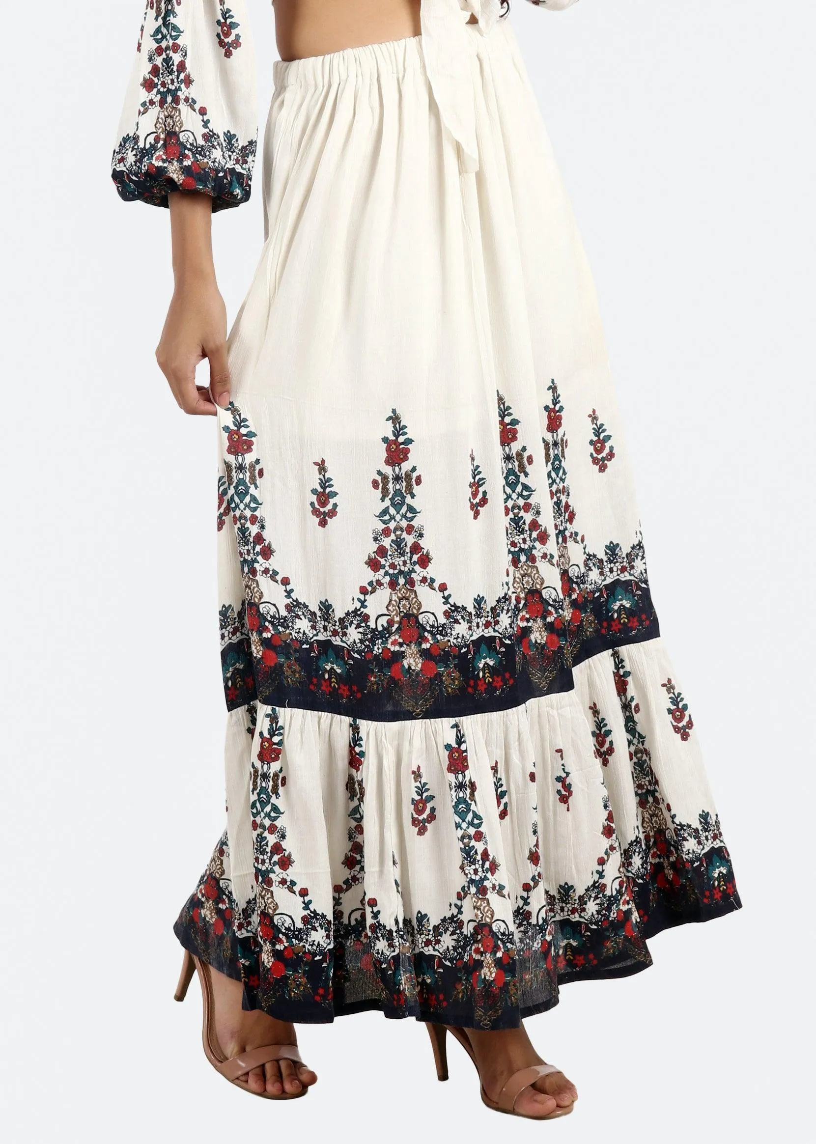 White Floral Border Printed Skirt