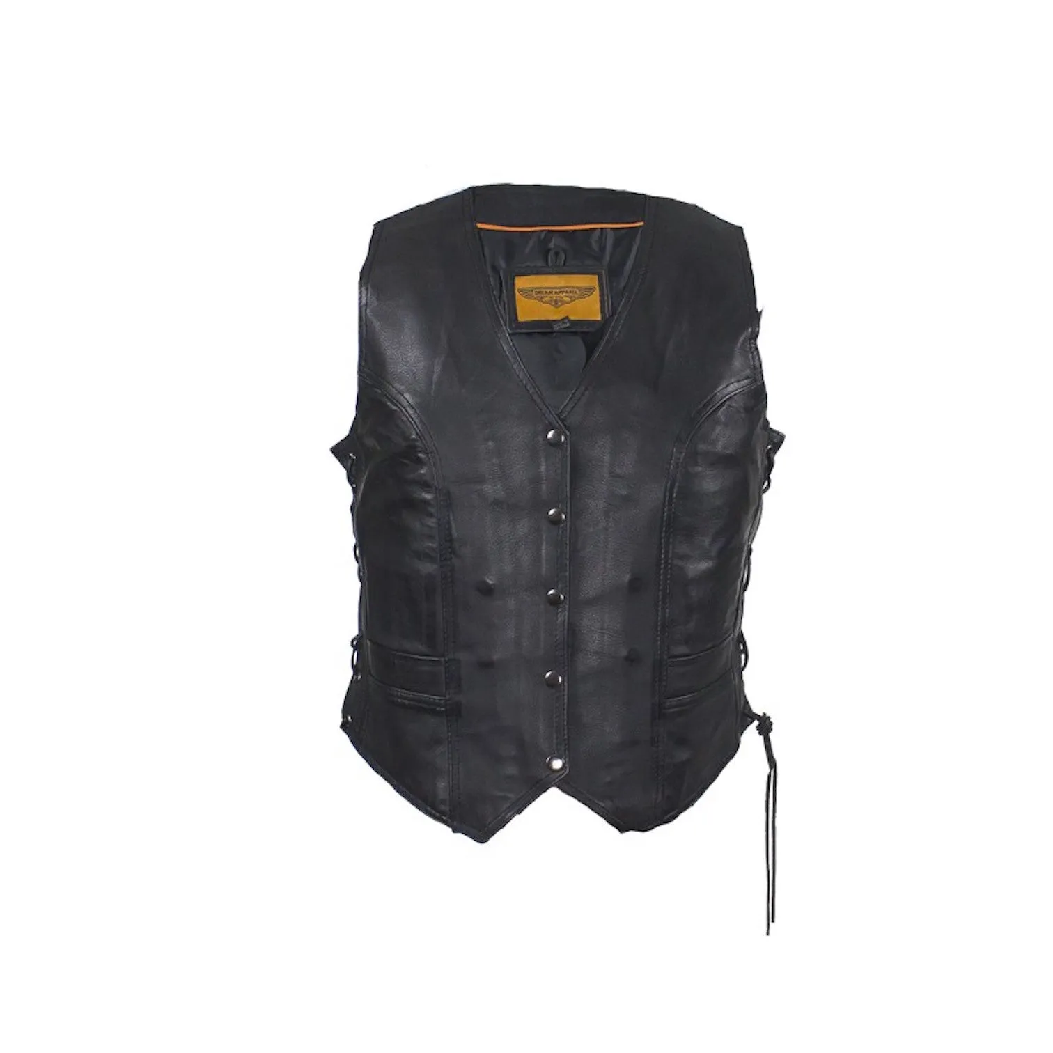 Women's Black Lambskin Leather Motorcycle Vest With Side Laces